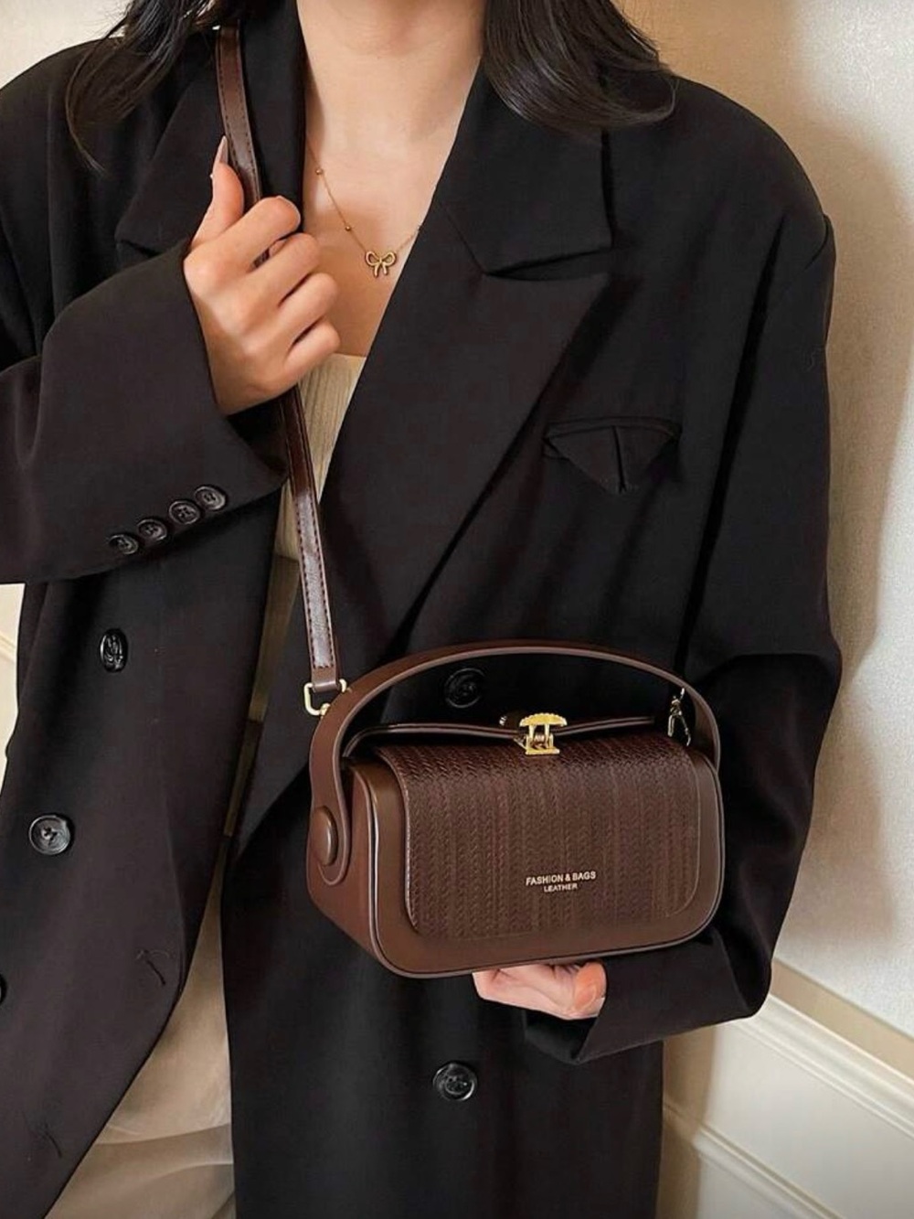 Classic Brown Structured Crossbody Bag with Top Handle